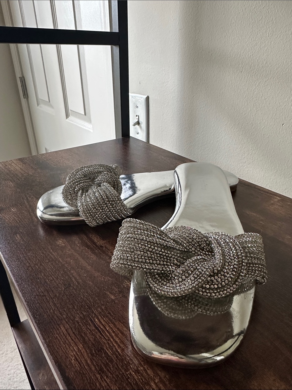 Beaded Knot Slide Mules in Metallic Silver